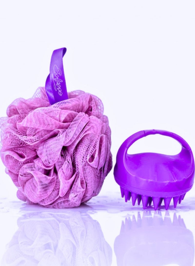 سولاري طقم شامبو وتدليك الليفة وفروة الرأس 2 في 1 – إسفنجة تنظيف الجسم + فروة رأس من السيليكون لإزالة القشرة، إكسسوارات دش نظيفة وعميقة للرجال والنساء (أرجواني) - Image 1